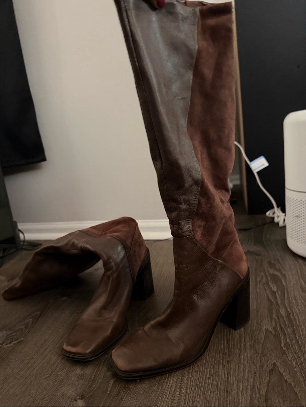 Franco Sarto Two-Tone Brown Leather & Suede Over-the-Knee Block Heel Boots